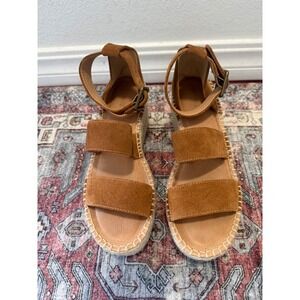 Soludos Suede Espadrille Wedge Sandals Tan Brown Ankle‎ Strap Platform Size 8.5